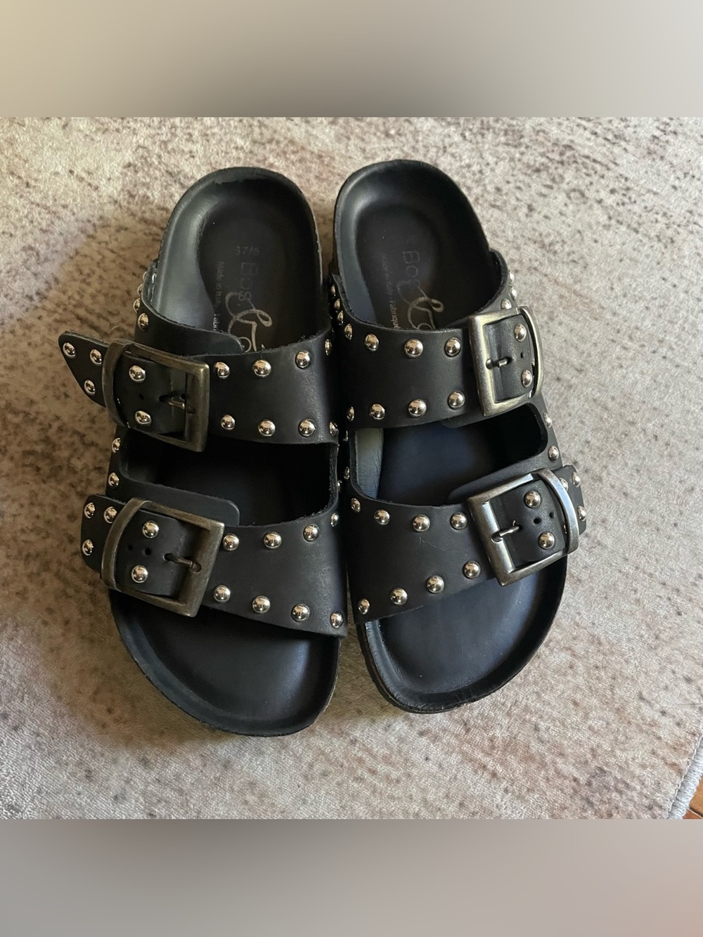 Bos&Co Studded Black leather Double-Buckle Slide Sandals
